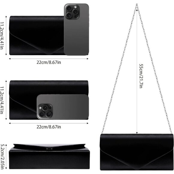 🆕Women's Black Vegan Leather Envelope Clutch Purse Evening Bag with Chain Strap - Picture 4 of 7